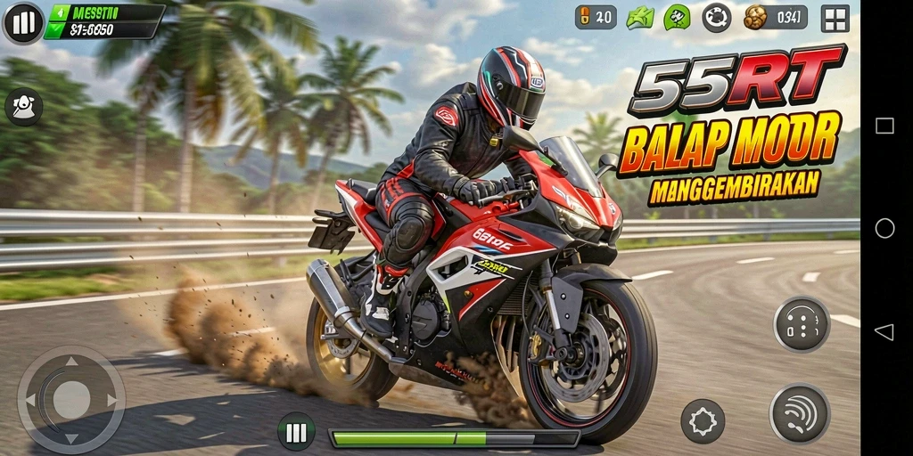 Screenshot gameplay 55RT dengan balapan motor yang intens.