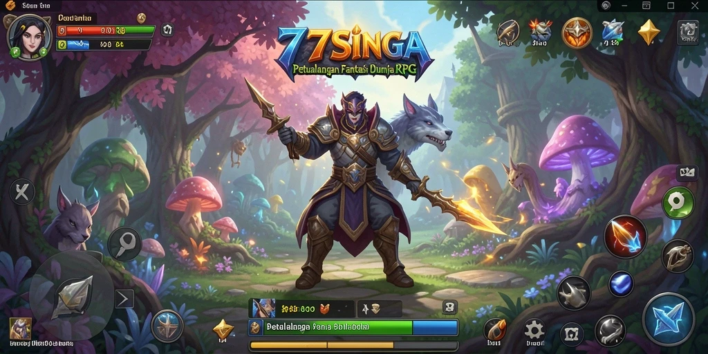 Screenshot 77SINGA menampilkan pertempuran epic dalam dunia fantasi.