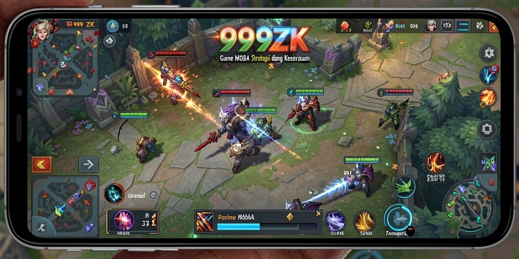 Gameplay seru di dalam 999ZK dengan aksi MOBA yang mendebarkan.