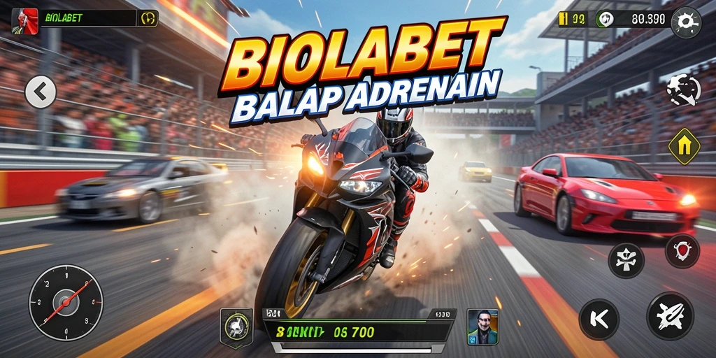 Tampilan gameplay BIOLABET dengan aksi balap motor yang intens.
