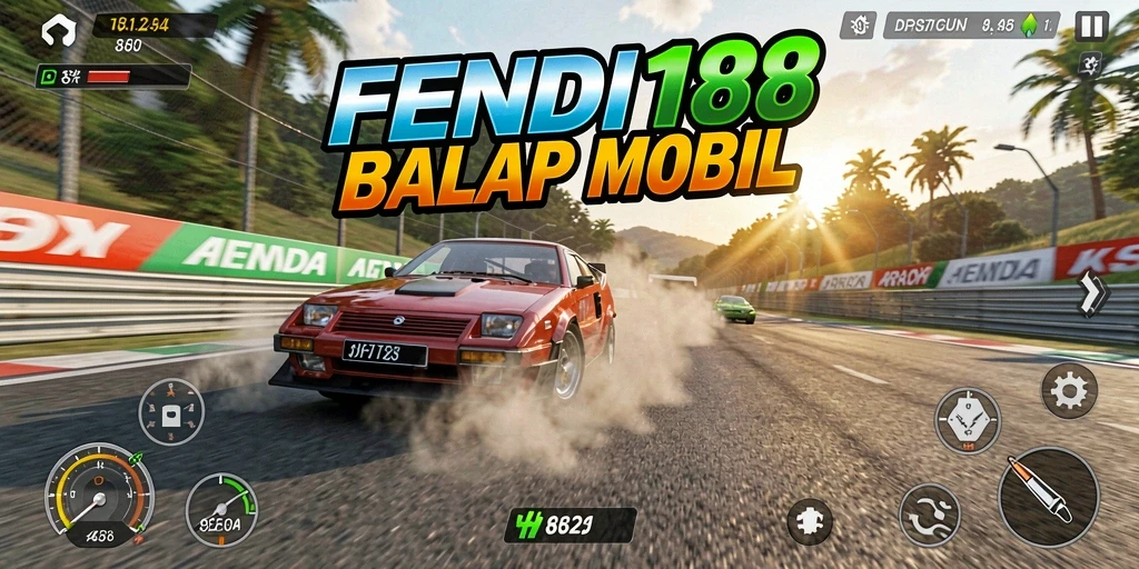 Screenshot FENDI188 menunjukkan mobil balap melaju kencang di lintasan yang menantang.