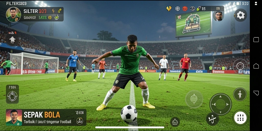 Screenshot dari gameplay FILTER303 yang menampilkan aksi sepak bola yang seru.
