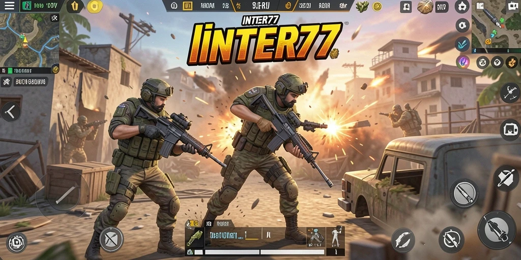 Tangkapan layar gameplay INTER77 menampilkan aksi seru dalam pertempuran Battle Royale.