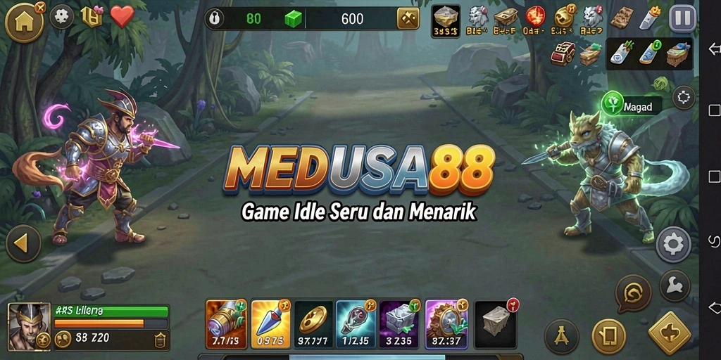Screenshot utama MEDUSA88 menunjukkan aktifitas hero dalam mode Idle.