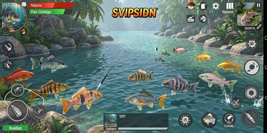 Tampilan gameplay SVIPSIDN yang menakjubkan saat menangkap ikan.