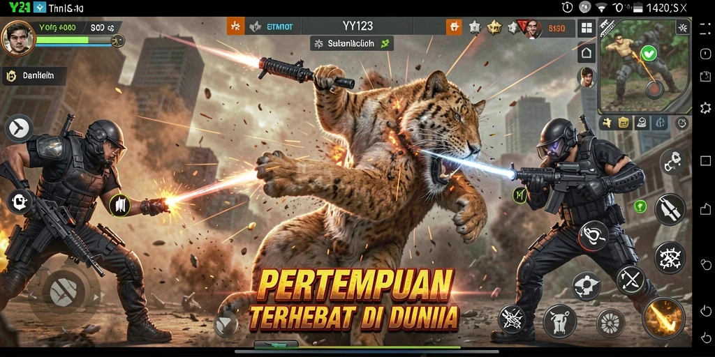 Screenshot YY123 menampilkan aksi pertempuran intens yang mendebarkan.